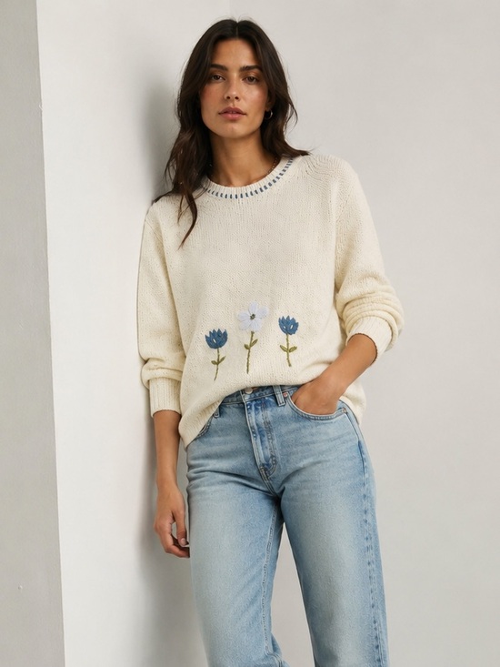 Re/Done Sweaters - Re/Done 50s Embroidered Cotton Blend Sweater Cream Floral | XS